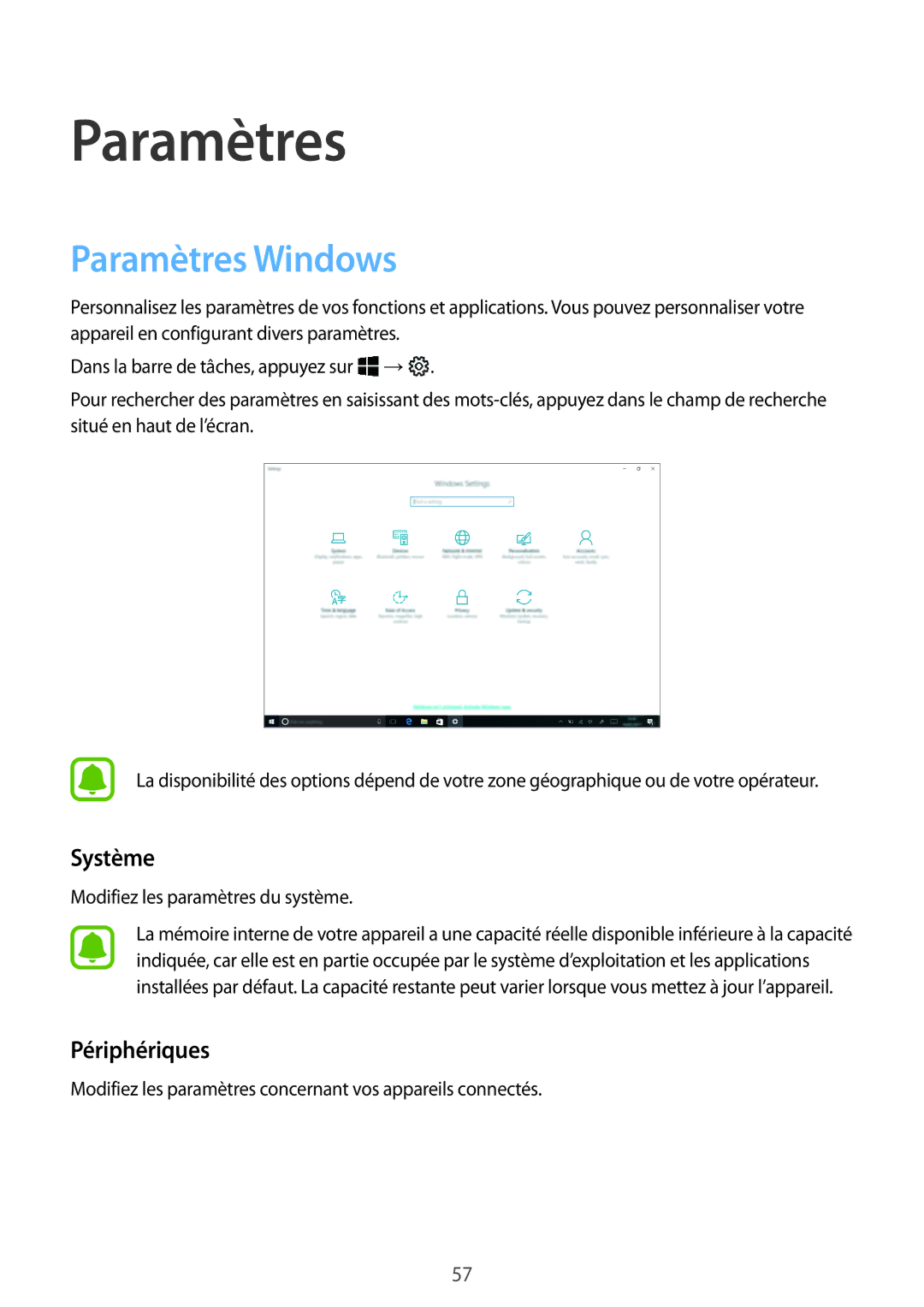 Samsung SM-W620NZKBXEF manual Paramètres Windows, Système, Périphériques 