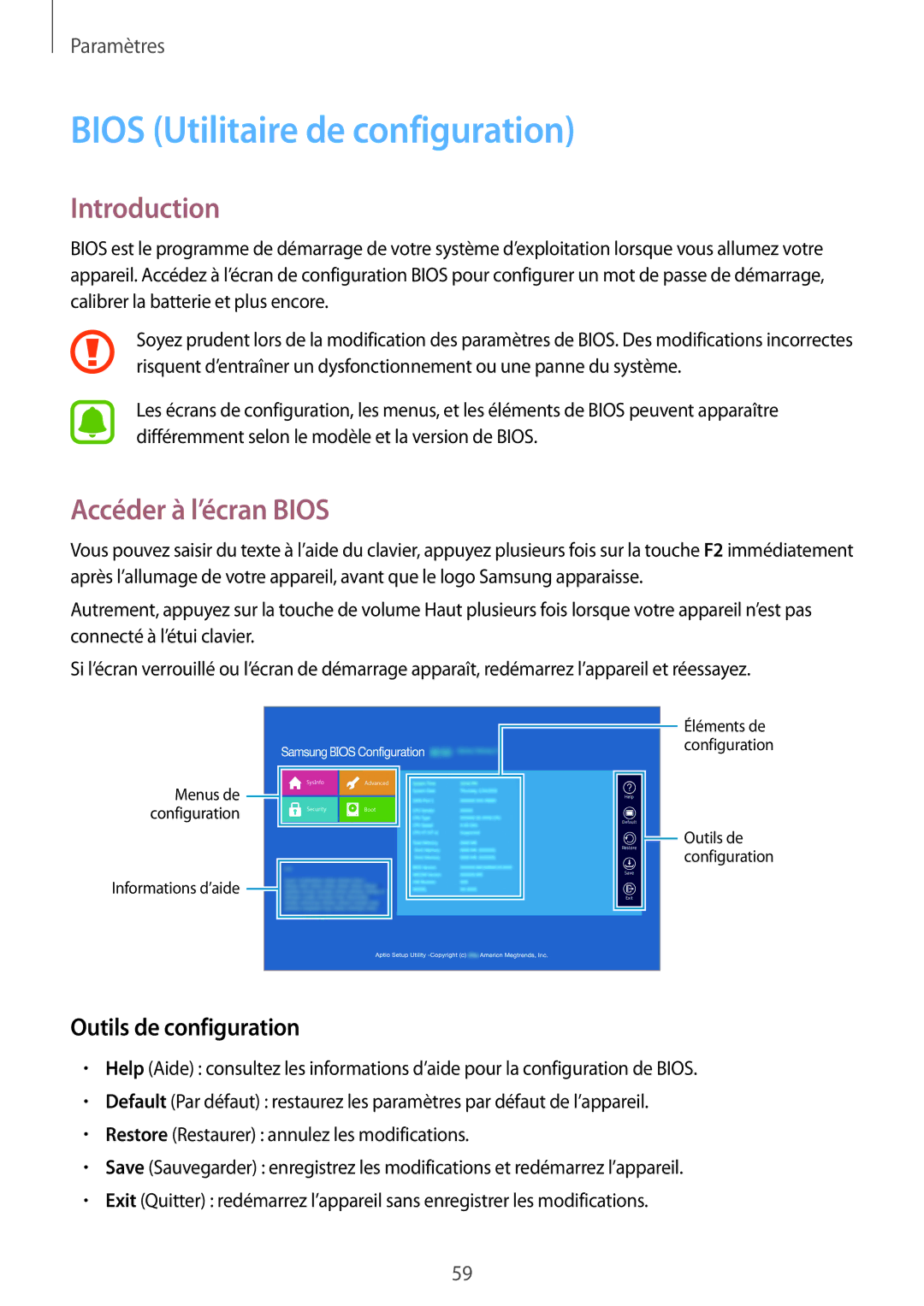 Samsung SM-W620NZKBXEF manual Bios Utilitaire de configuration, Accéder à l’écran Bios, Outils de configuration 