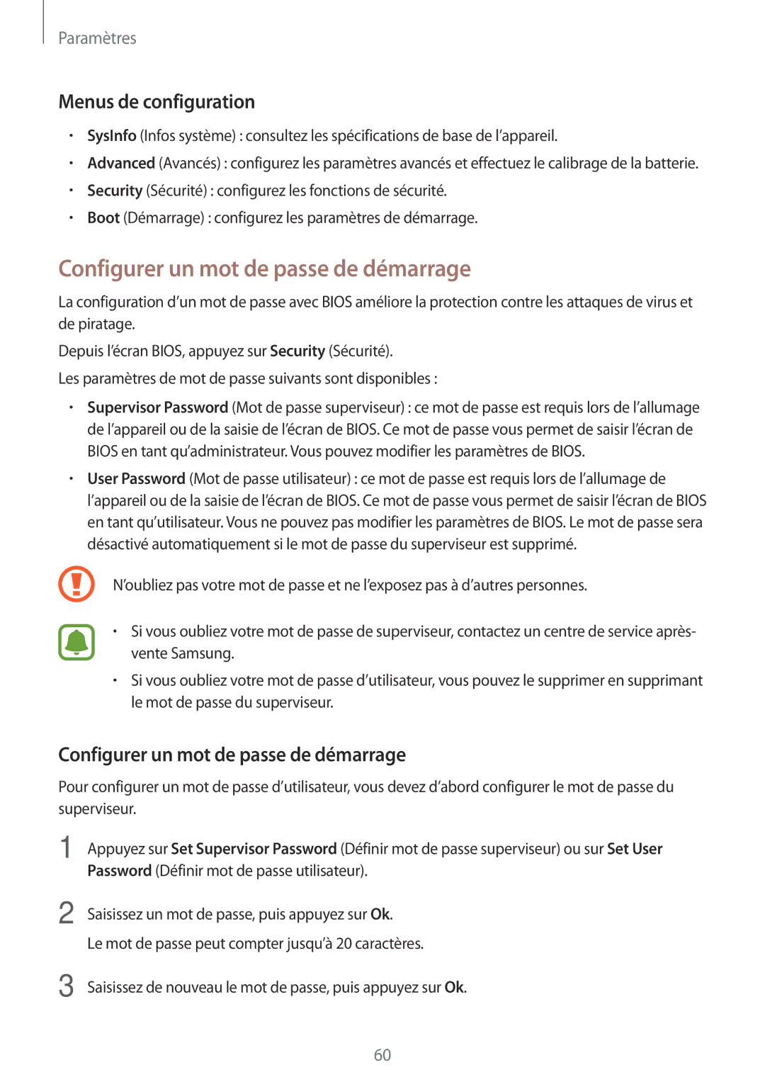 Samsung SM-W620NZKBXEF manual Configurer un mot de passe de démarrage, Menus de configuration 