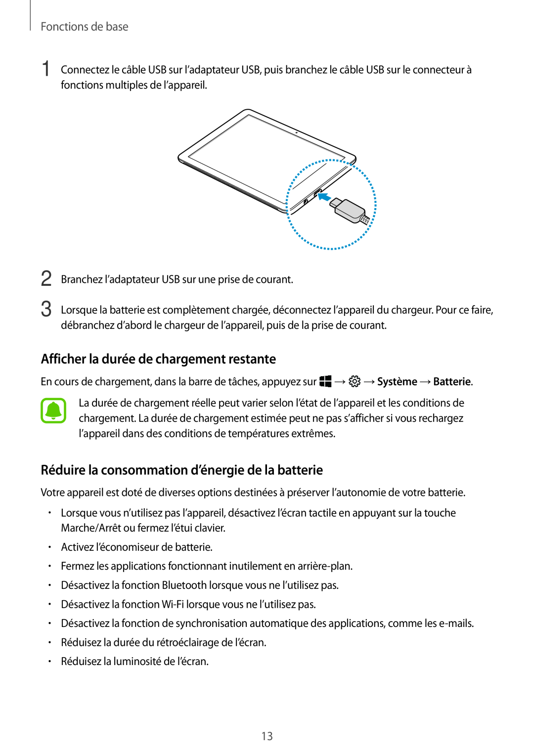 Samsung SM-W620NZKBXEF manual Afficher la durée de chargement restante, Réduire la consommation d’énergie de la batterie 