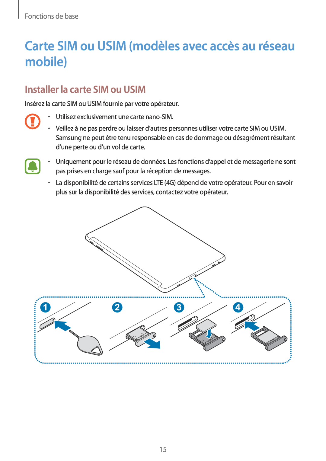 Samsung SM-W620NZKBXEF manual Carte SIM ou USIM modèles avec accès au réseau mobile, Installer la carte SIM ou USIM 