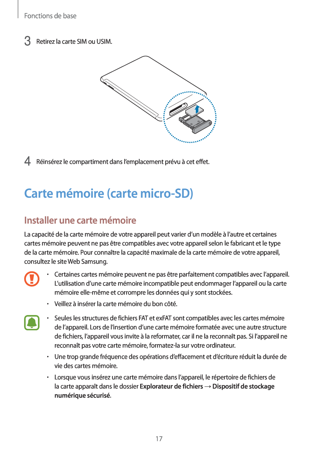 Samsung SM-W620NZKBXEF manual Carte mémoire carte micro-SD, Installer une carte mémoire, Fonctions de base 