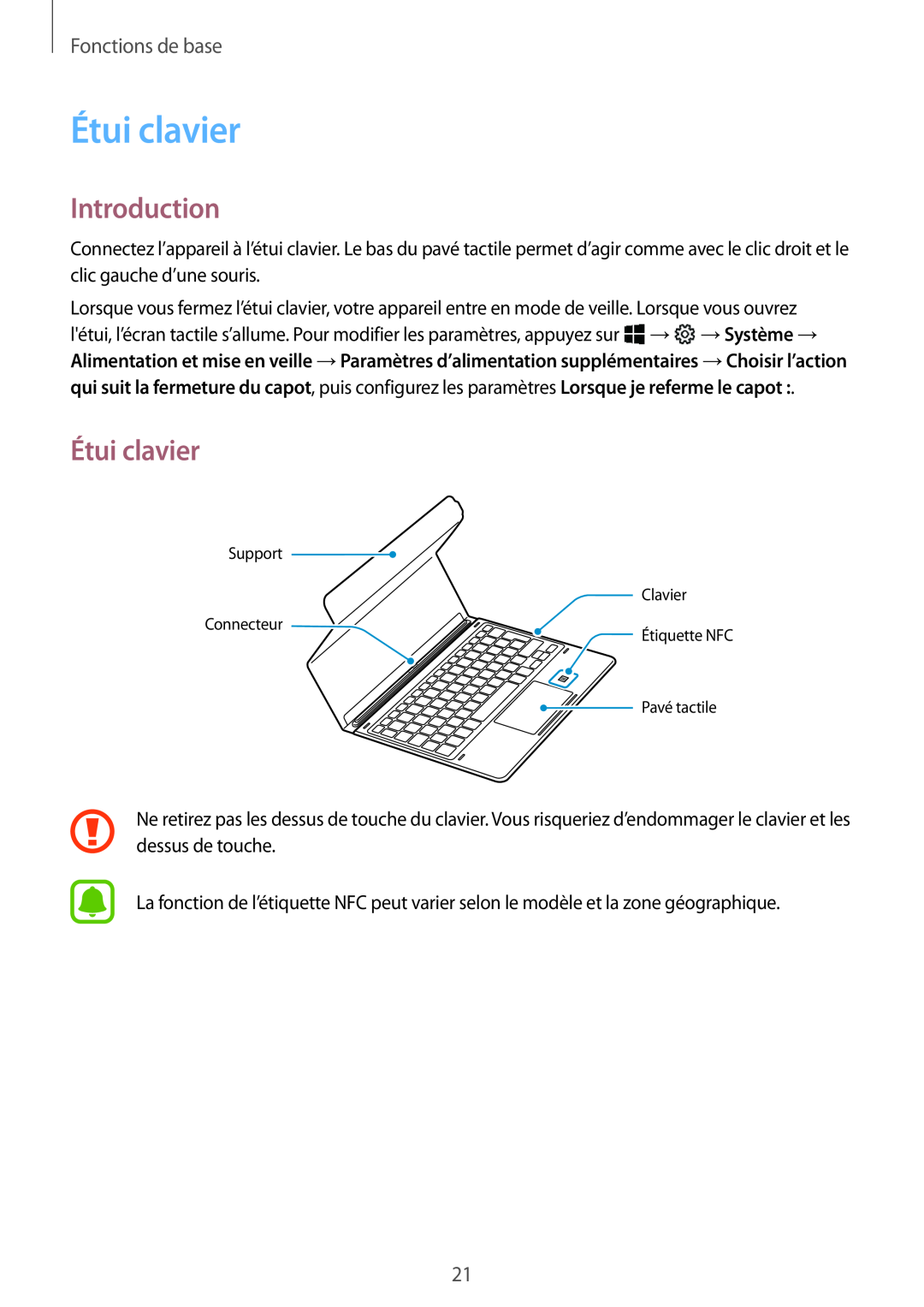 Samsung SM-W620NZKBXEF manual Étui clavier, Introduction, Fonctions de base 