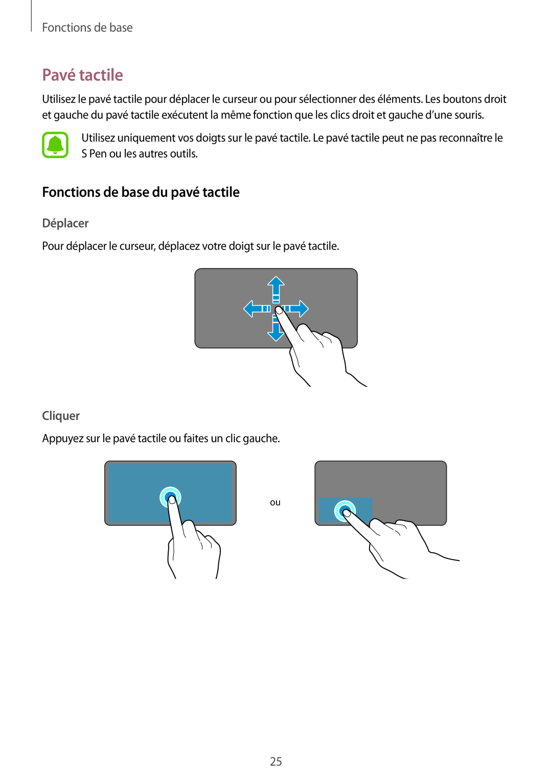 Samsung SM-W620NZKBXEF manual Pavé tactile, Fonctions de base du pavé tactile, Déplacer, Cliquer 