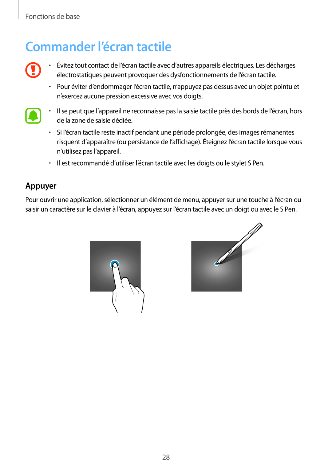 Samsung SM-W620NZKBXEF manual Commander l’écran tactile, Appuyer, Fonctions de base 