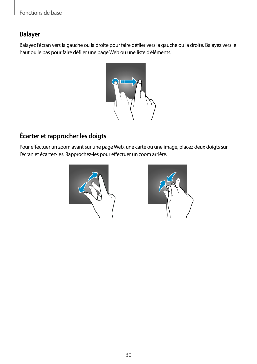 Samsung SM-W620NZKBXEF manual Balayer, Écarter et rapprocher les doigts, Fonctions de base 