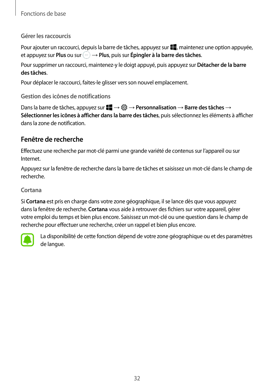 Samsung SM-W620NZKBXEF manual Fenêtre de recherche, Gérer les raccourcis, Gestion des icônes de notifications, Cortana 
