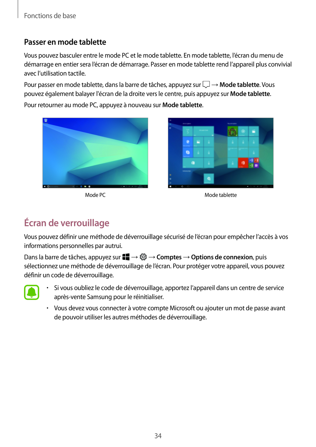 Samsung SM-W620NZKBXEF manual Écran de verrouillage, Passer en mode tablette, Fonctions de base 