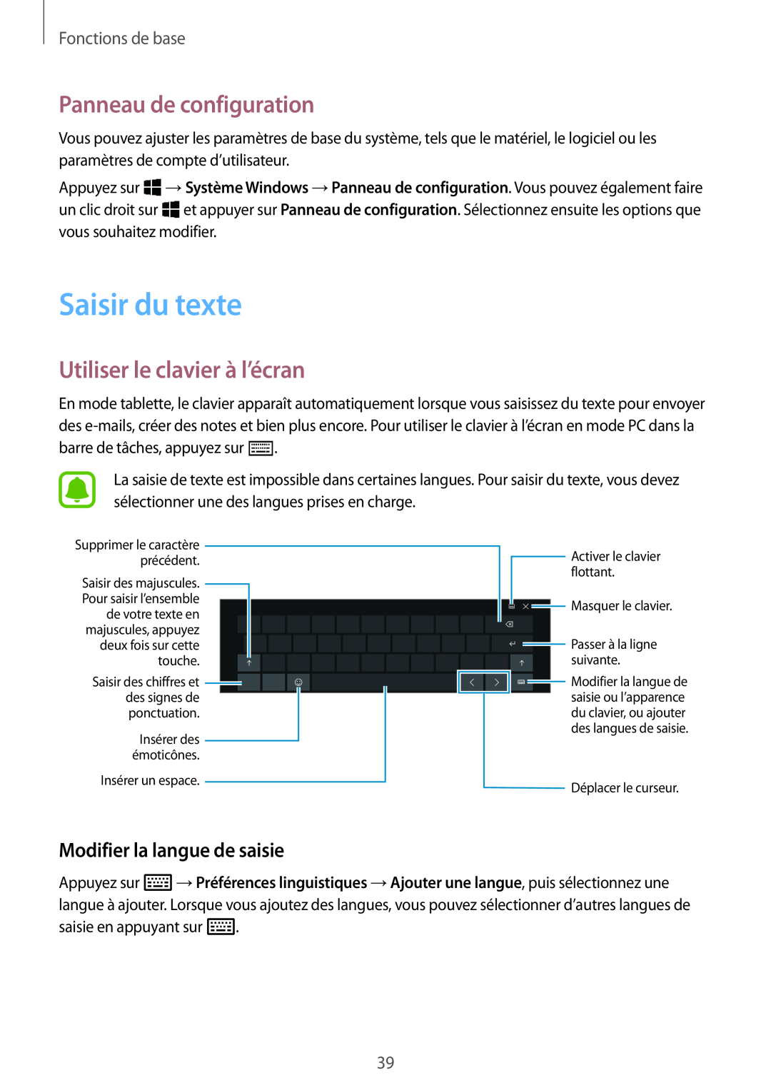 Samsung SM-W620NZKBXEF manual Saisir du texte, Panneau de configuration, Utiliser le clavier à l’écran, Fonctions de base 