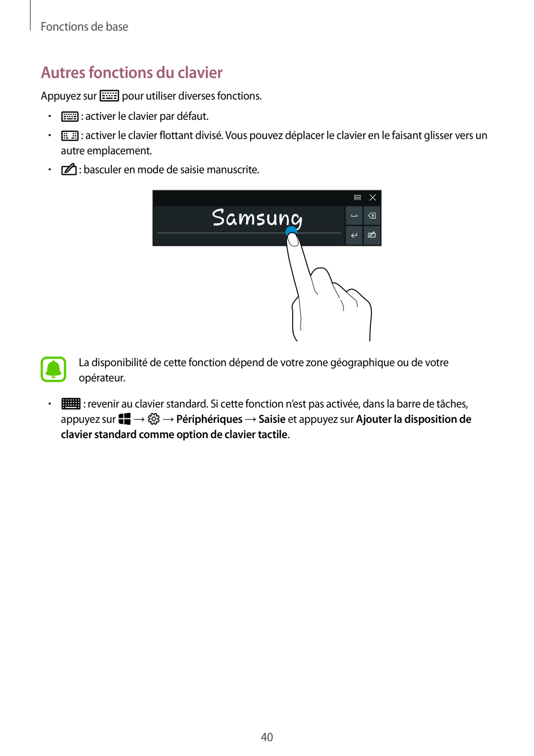 Samsung SM-W620NZKBXEF manual Autres fonctions du clavier, Fonctions de base 