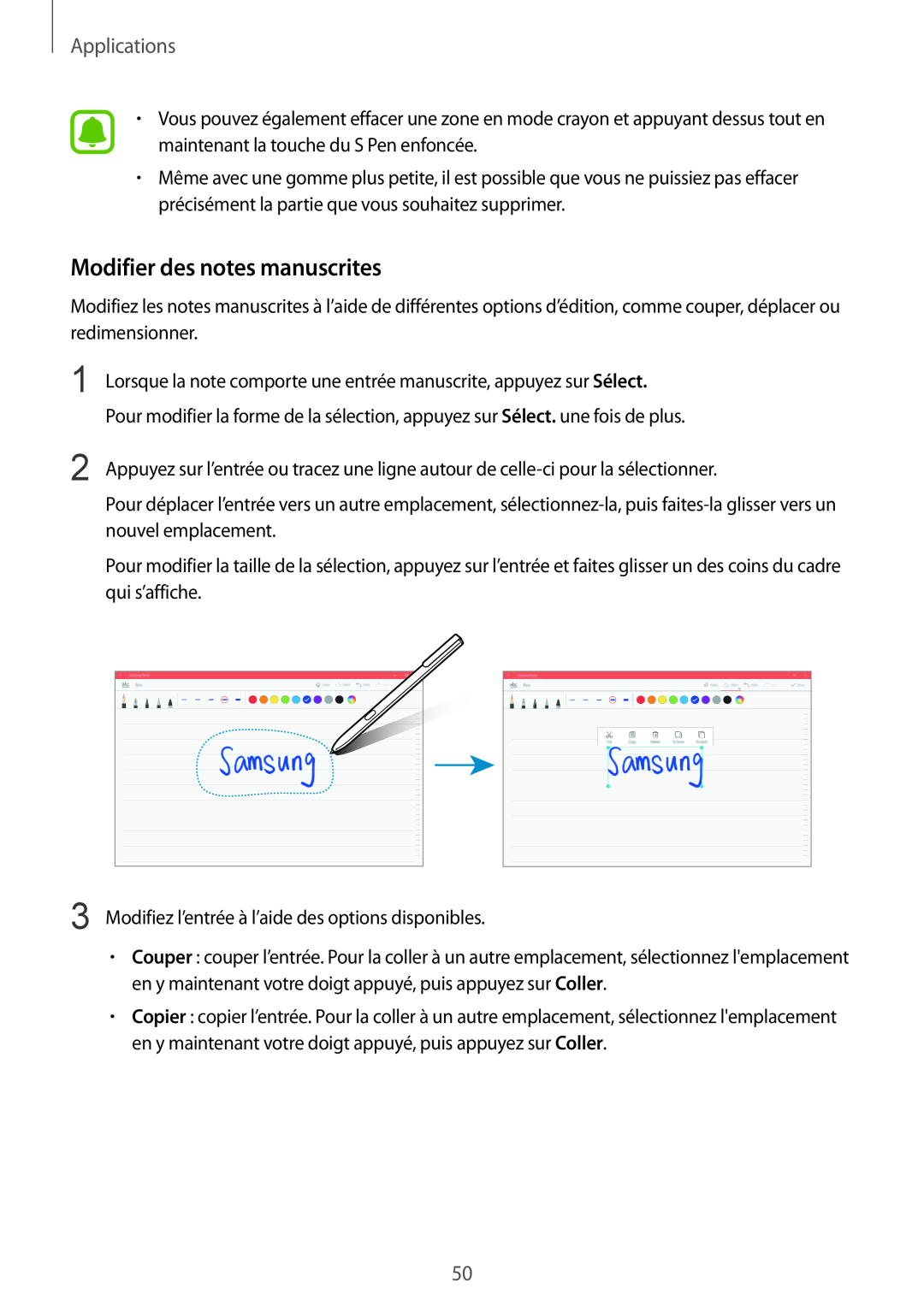 Samsung SM-W620NZKBXEF manual Modifier des notes manuscrites, Applications 