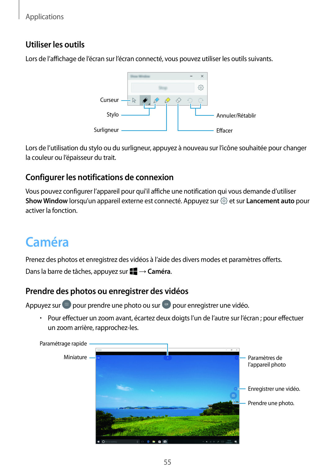 Samsung SM-W620NZKBXEF manual Caméra, Utiliser les outils, Configurer les notifications de connexion, Applications 