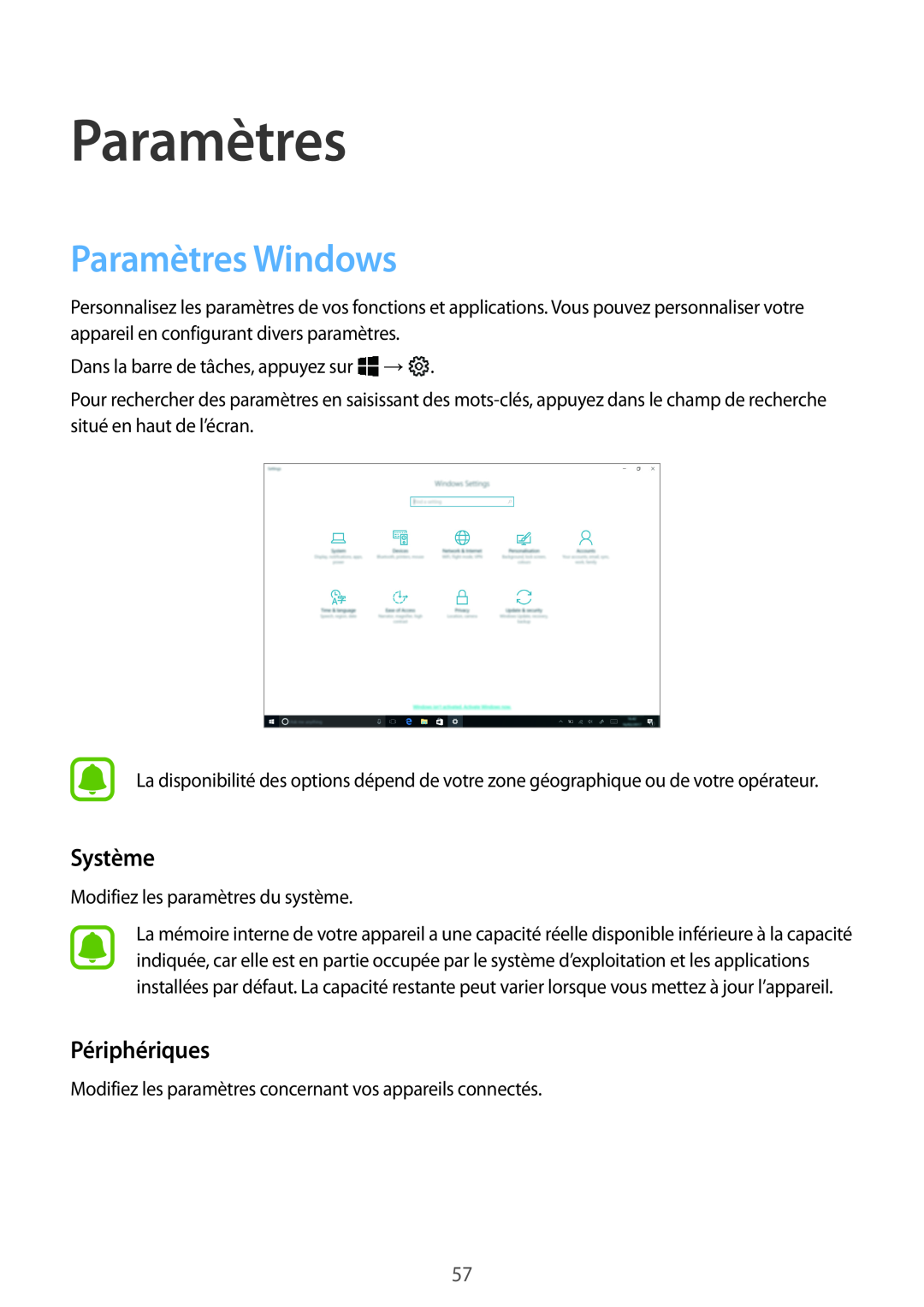 Samsung SM-W620NZKBXEF manual Paramètres Windows, Système, Périphériques 