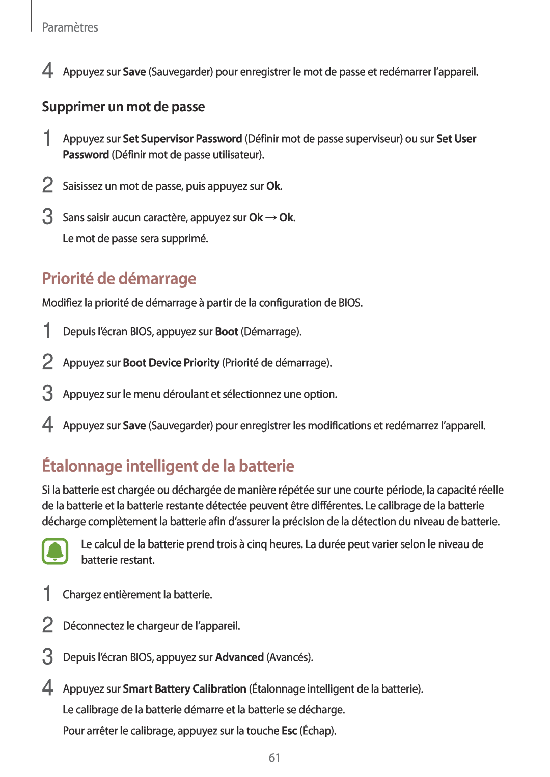 Samsung SM-W620NZKBXEF Priorité de démarrage, Étalonnage intelligent de la batterie, Supprimer un mot de passe, Paramètres 