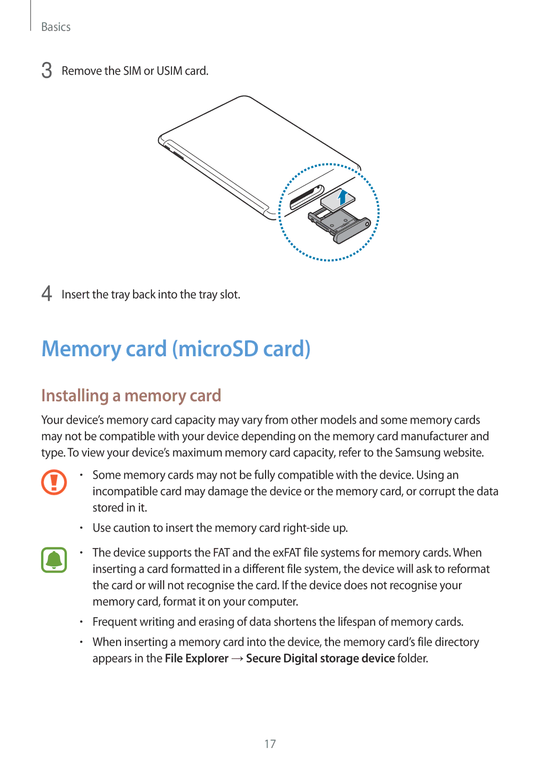 Samsung SM-W620NZKBILO, SM-W627NZKBDBT, SM-W620NZKBDBT, SM-W620NZKBXEF Memory card microSD card, Installing a memory card 