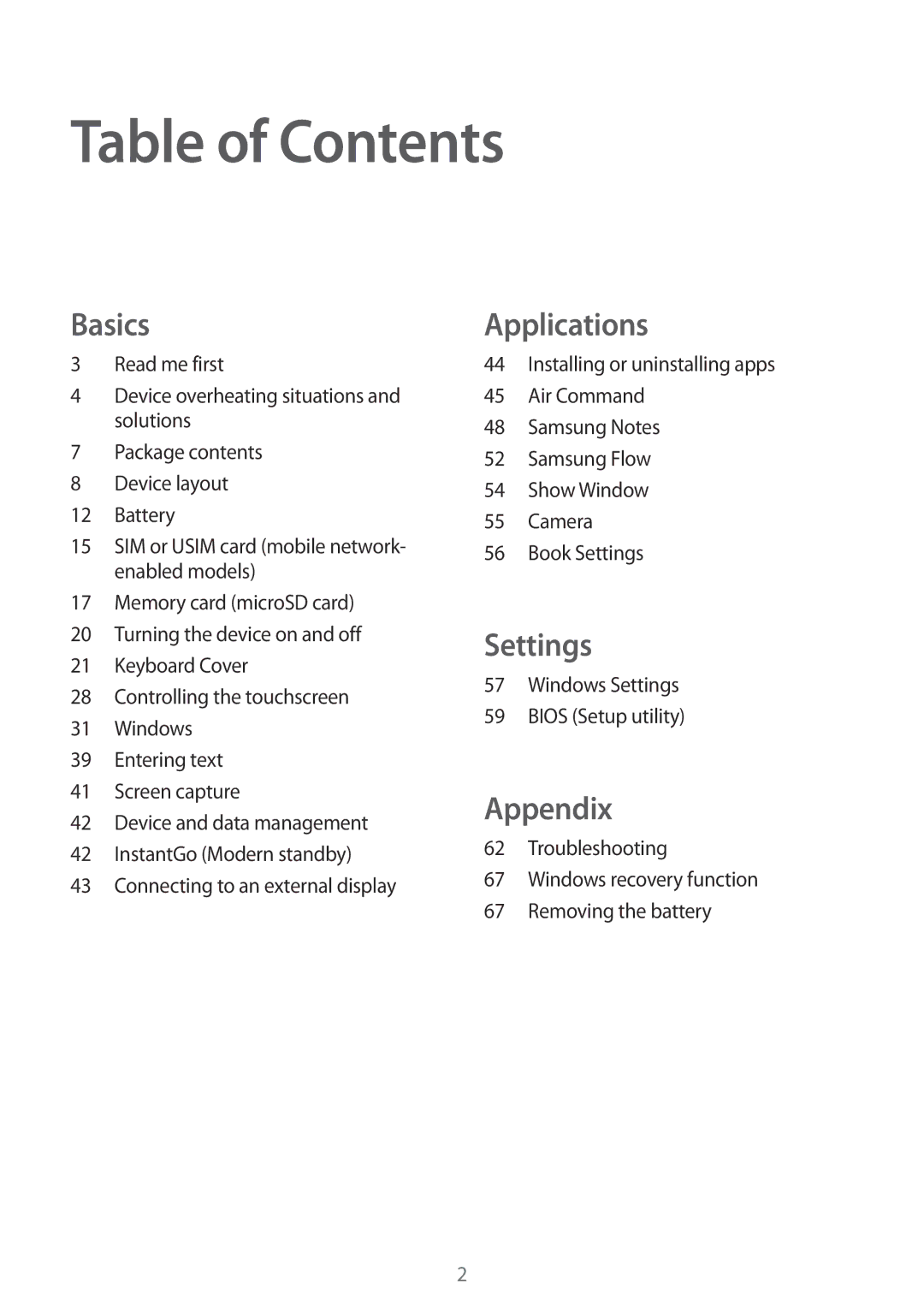 Samsung SM-W620NZKBXEF, SM-W627NZKBDBT, SM-W620NZKBDBT, SM-W620NZKBITV, SM-W627NZKBITV, SM-W627NZKBPHE manual Table of Contents 