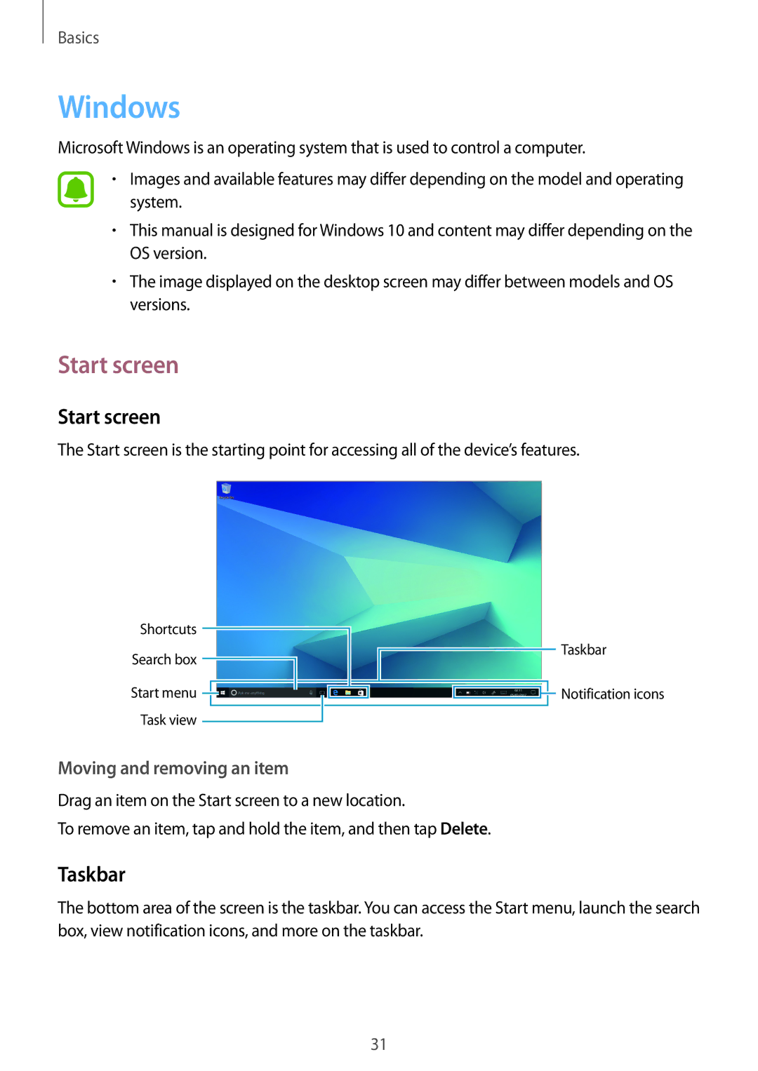 Samsung SM-W627NZKBITV, SM-W627NZKBDBT, SM-W620NZKBDBT, SM-W620NZKBXEF, SM-W620NZKBITV manual Windows, Start screen, Taskbar 