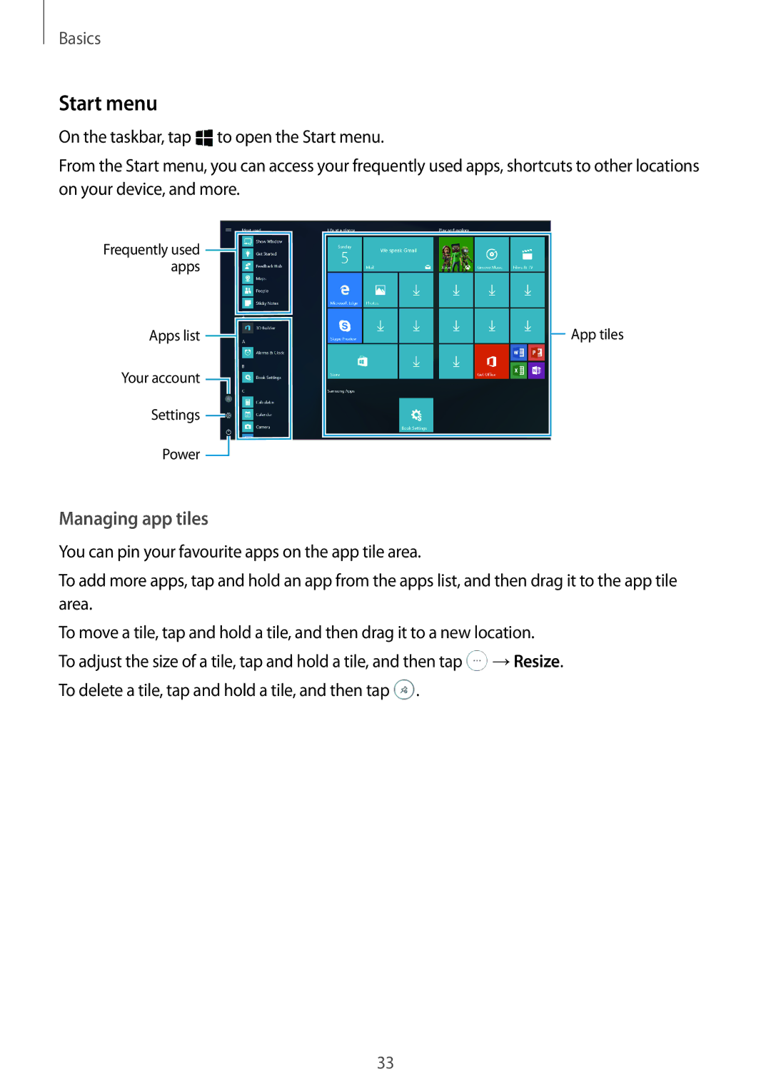 Samsung SM-W627NZKAKSA, SM-W627NZKBDBT, SM-W620NZKBDBT, SM-W620NZKBXEF, SM-W620NZKBITV manual Start menu, Managing app tiles 