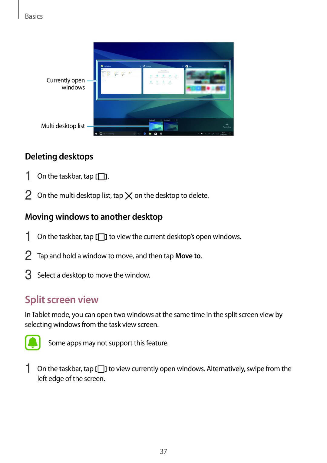 Samsung SM-W620NZKBDBT, SM-W627NZKBDBT manual Split screen view, Deleting desktops, Moving windows to another desktop 