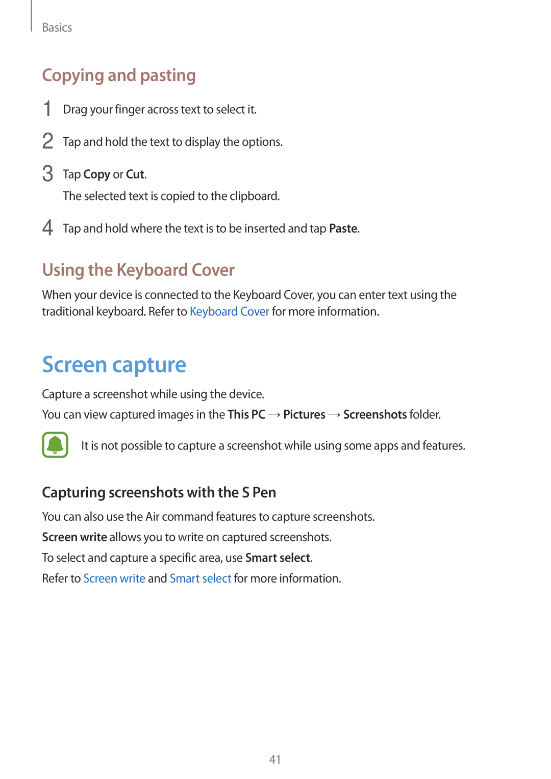 Samsung SM-W627NZKBPHE Screen capture, Copying and pasting, Using the Keyboard Cover, Capturing screenshots with the S Pen 