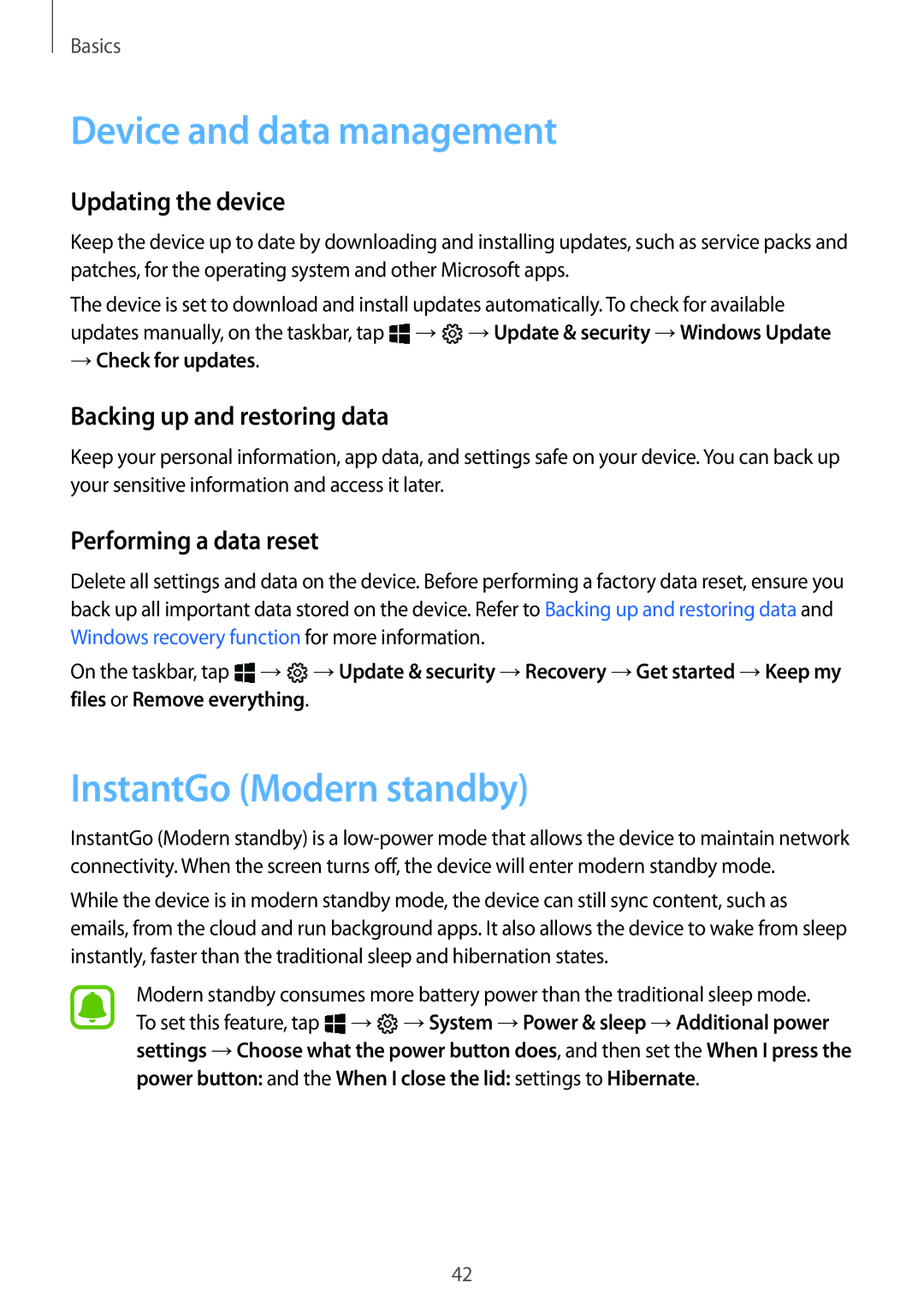 Samsung SM-W627NZKAKSA Device and data management, InstantGo Modern standby, Updating the device, Performing a data reset 