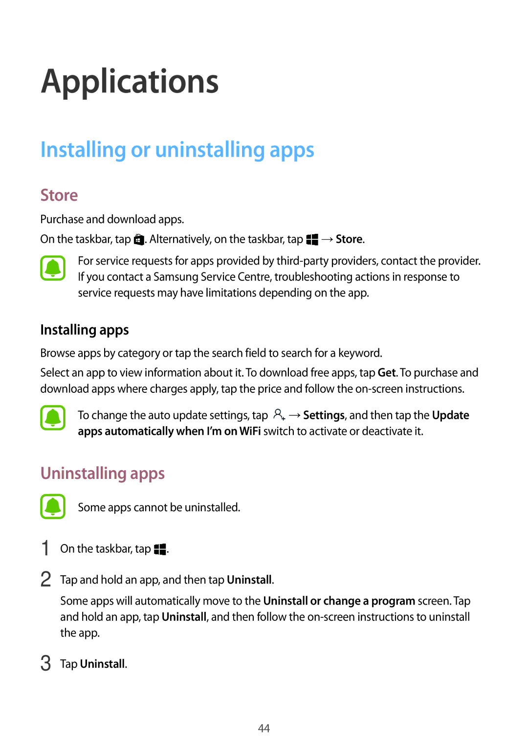 Samsung SM-W620NZKBILO, SM-W627NZKBDBT manual Installing or uninstalling apps, Store, Uninstalling apps, Installing apps 