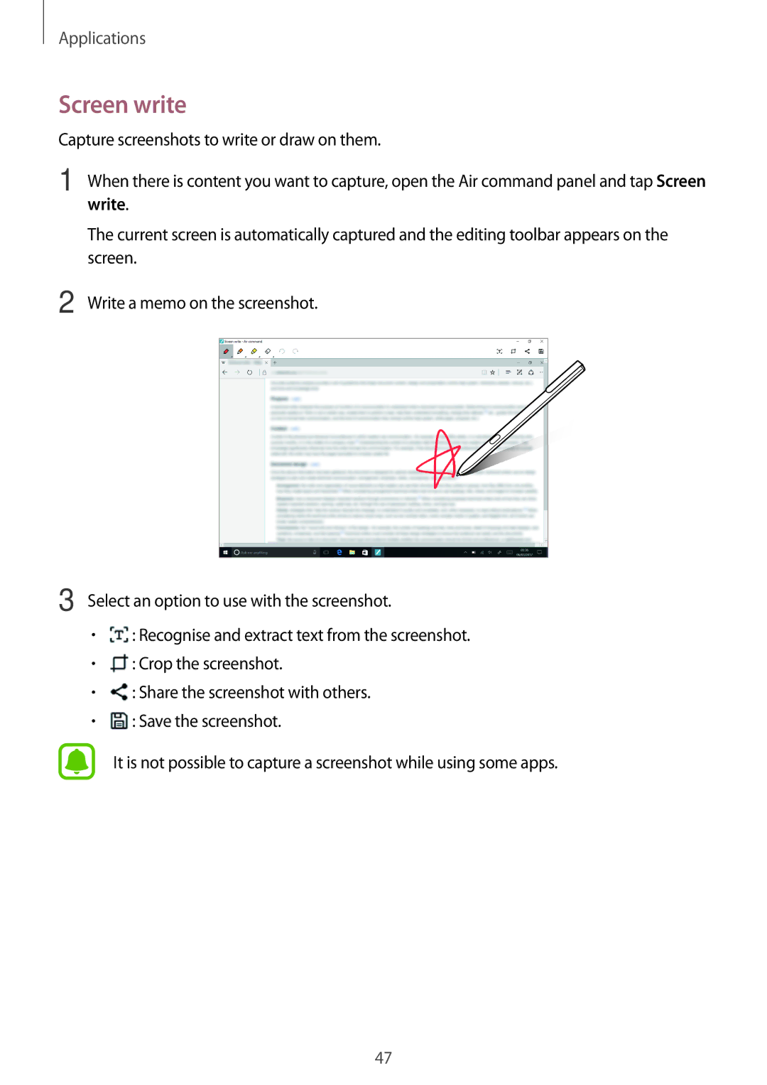 Samsung SM-W620NZKBXEF, SM-W627NZKBDBT, SM-W620NZKBDBT, SM-W620NZKBITV, SM-W627NZKBITV, SM-W627NZKBPHE manual Screen write 