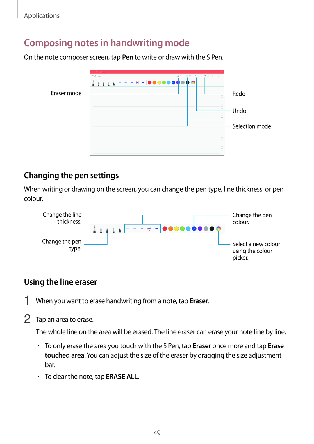 Samsung SM-W627NZKBITV manual Composing notes in handwriting mode, Changing the pen settings, Using the line eraser 