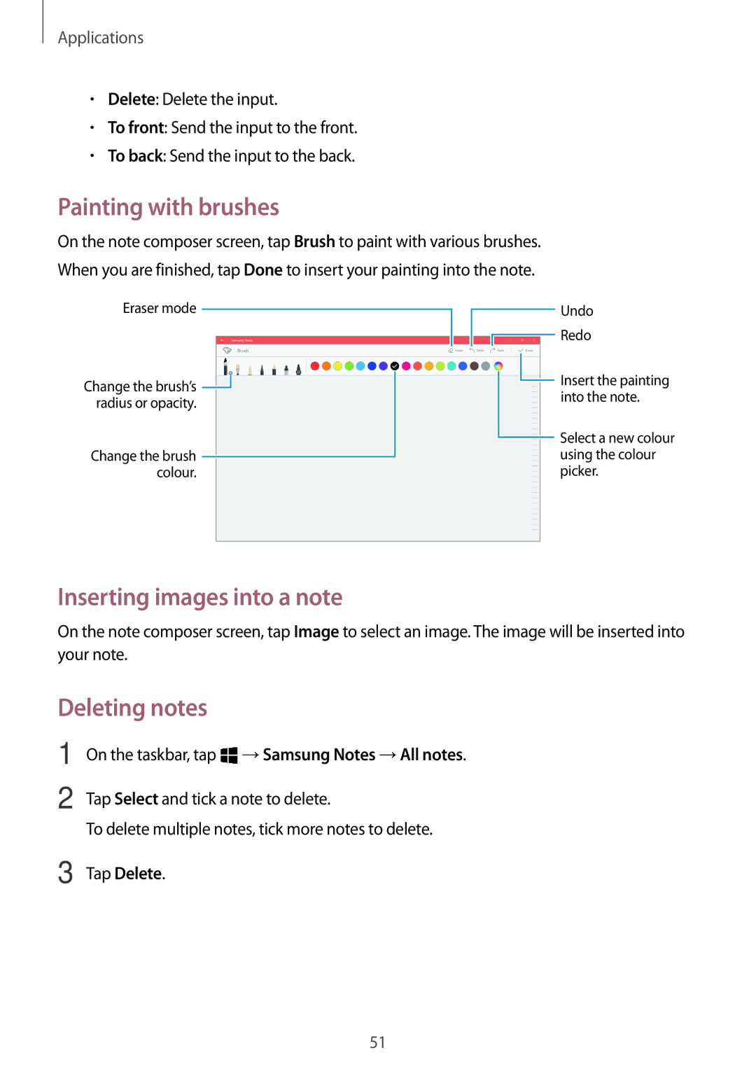 Samsung SM-W627NZKAKSA, SM-W627NZKBDBT, SM-W620NZKBDBT Painting with brushes, Inserting images into a note, Deleting notes 