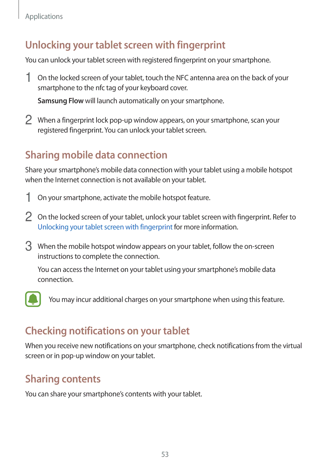 Samsung SM-W620NZKBILO Unlocking your tablet screen with fingerprint, Sharing mobile data connection, Sharing contents 