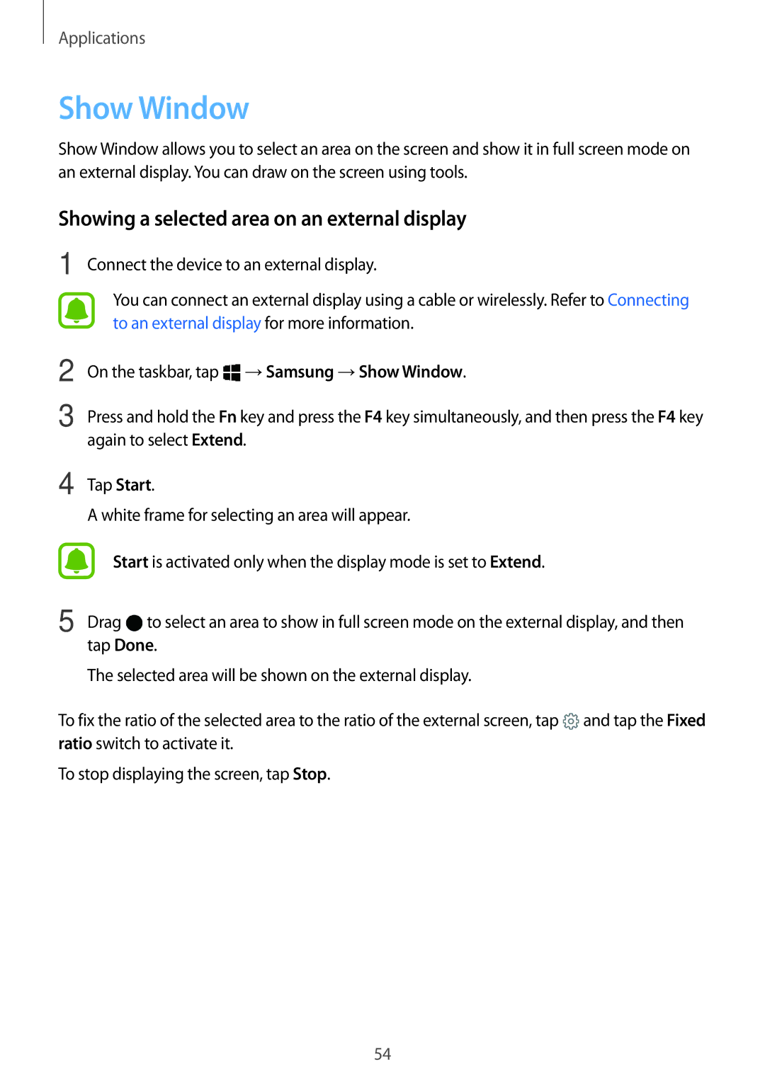 Samsung SM-W627NZKBDBT, SM-W620NZKBDBT, SM-W620NZKBXEF manual Show Window, Showing a selected area on an external display 