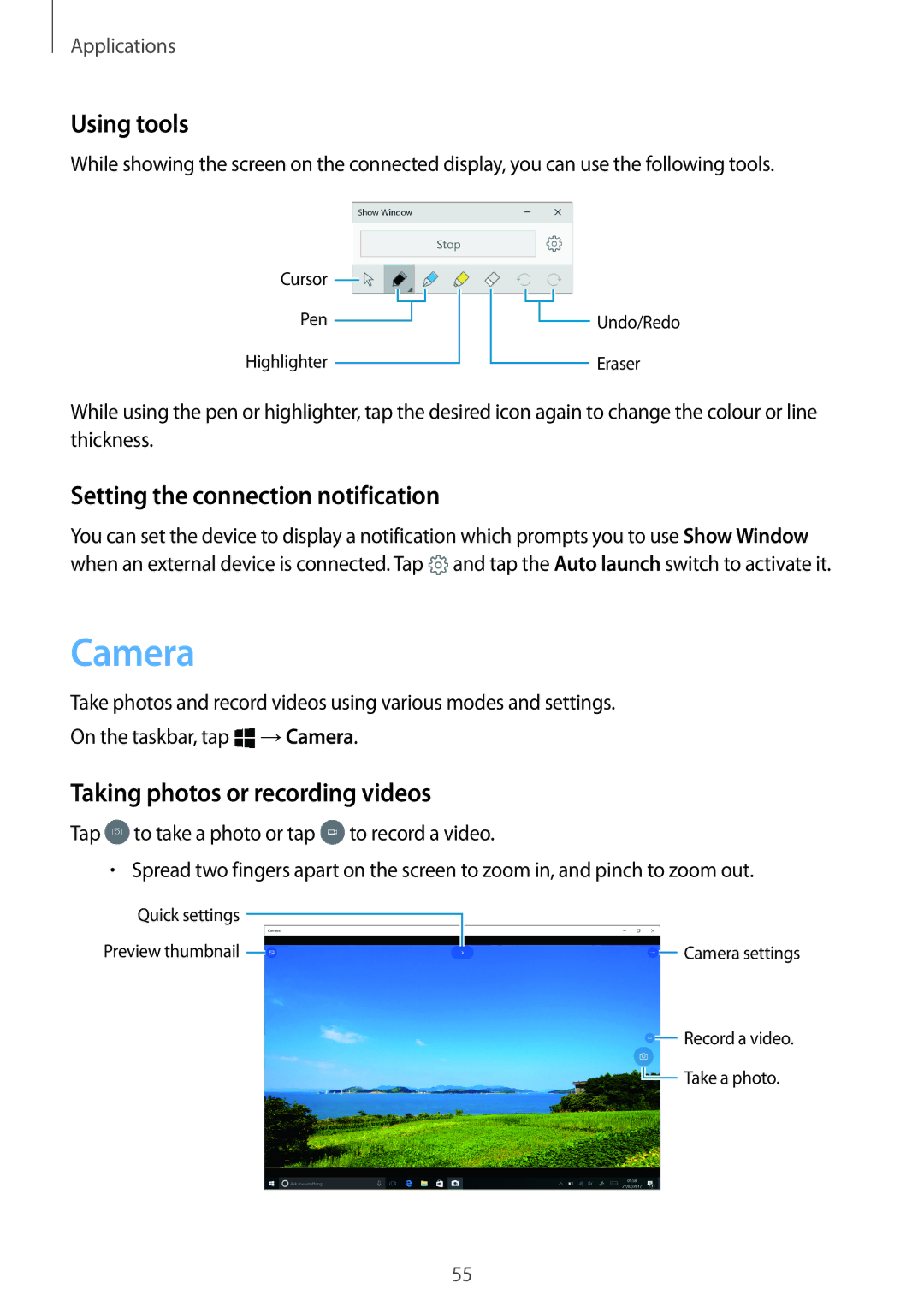 Samsung SM-W620NZKBDBT manual Camera, Using tools, Setting the connection notification, Taking photos or recording videos 