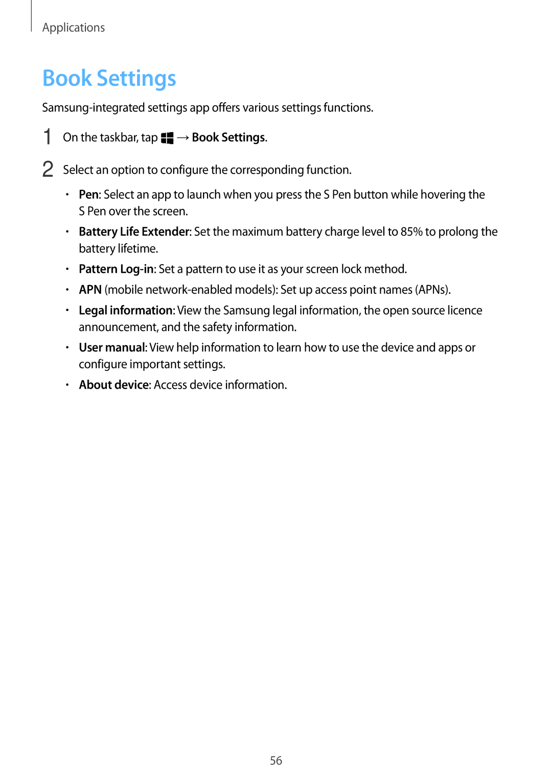 Samsung SM-W620NZKBXEF, SM-W627NZKBDBT, SM-W620NZKBDBT, SM-W620NZKBITV, SM-W627NZKBITV, SM-W627NZKBPHE manual Book Settings 