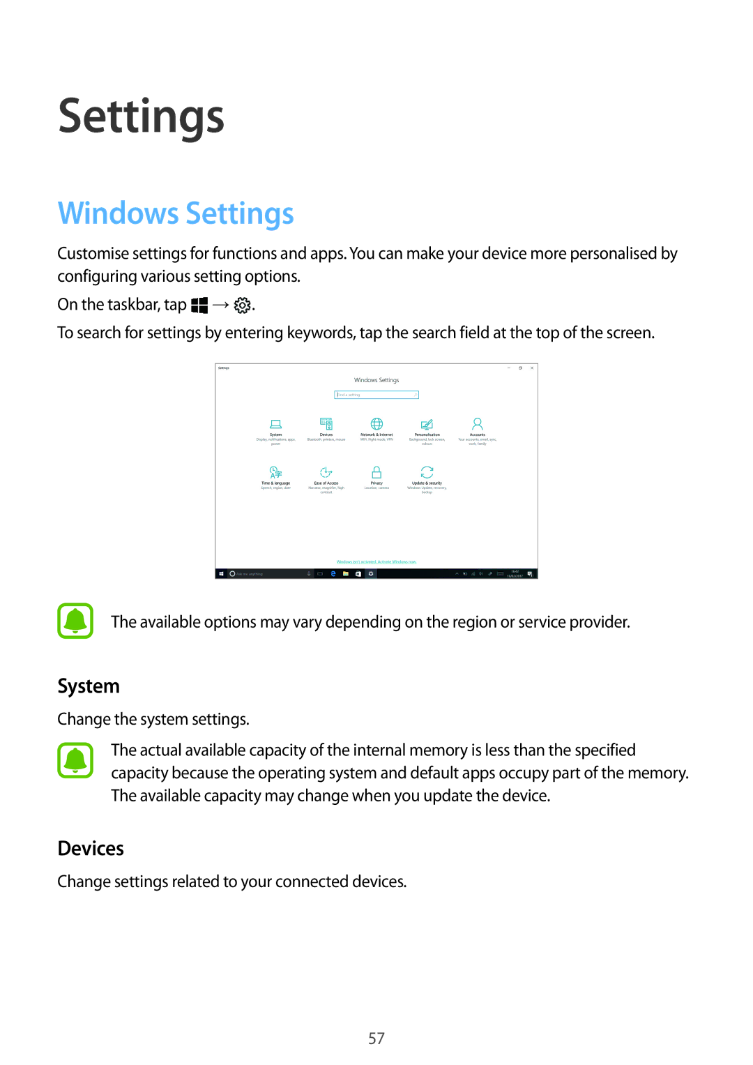 Samsung SM-W620NZKBITV, SM-W627NZKBDBT, SM-W620NZKBDBT, SM-W620NZKBXEF, SM-W627NZKBITV manual Windows Settings, System, Devices 