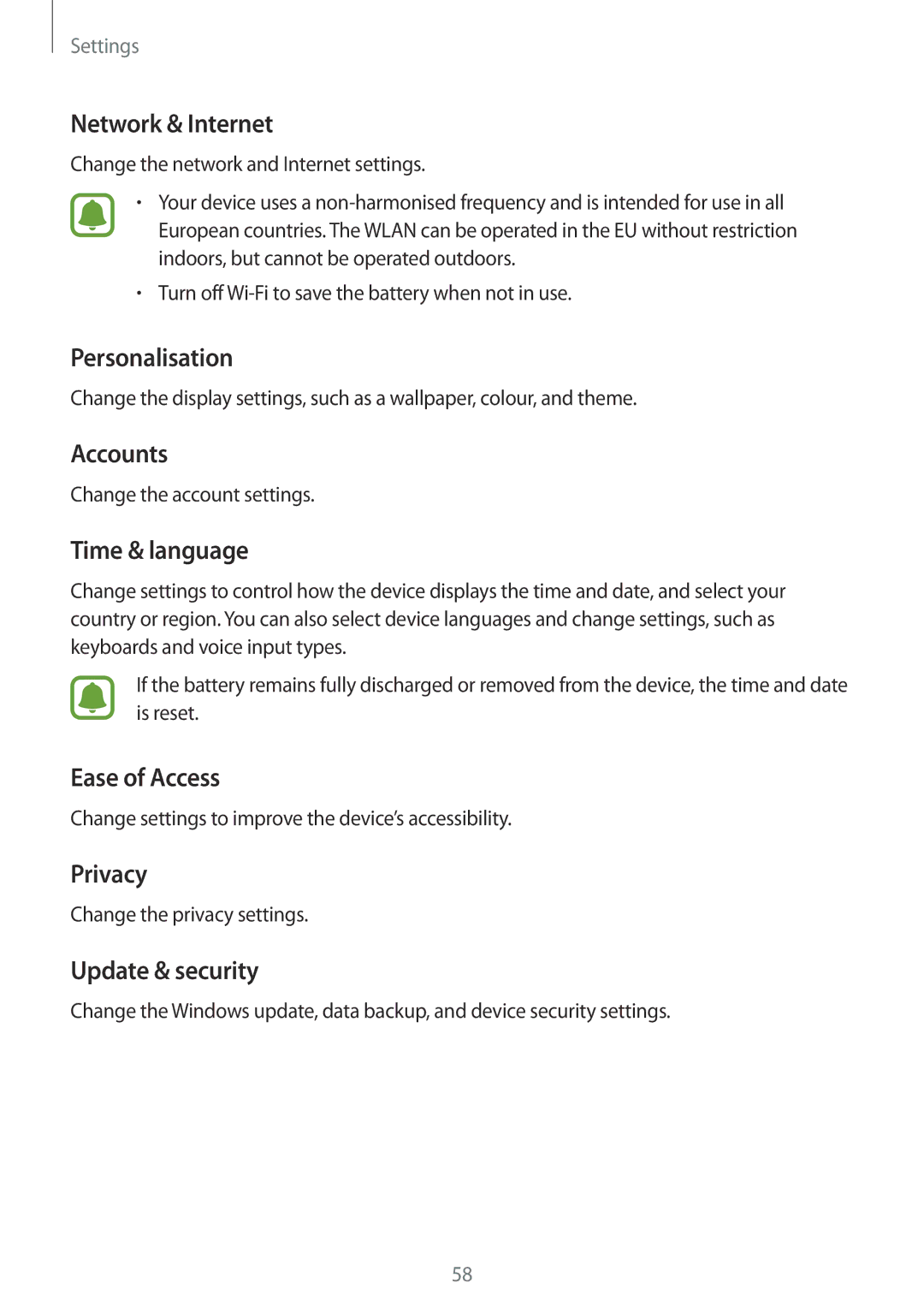 Samsung SM-W627NZKBITV manual Network & Internet, Personalisation, Accounts, Time & language, Ease of Access, Privacy 