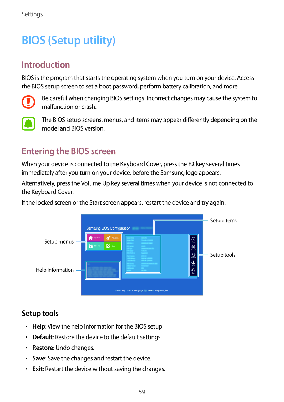 Samsung SM-W627NZKBPHE, SM-W627NZKBDBT, SM-W620NZKBDBT manual Bios Setup utility, Entering the Bios screen, Setup tools 