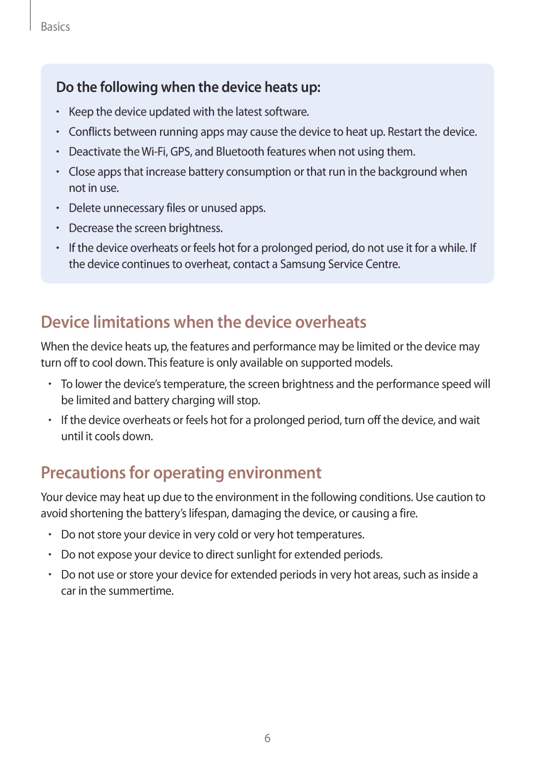 Samsung SM-W627NZKAKSA, SM-W627NZKBDBT Device limitations when the device overheats, Precautions for operating environment 