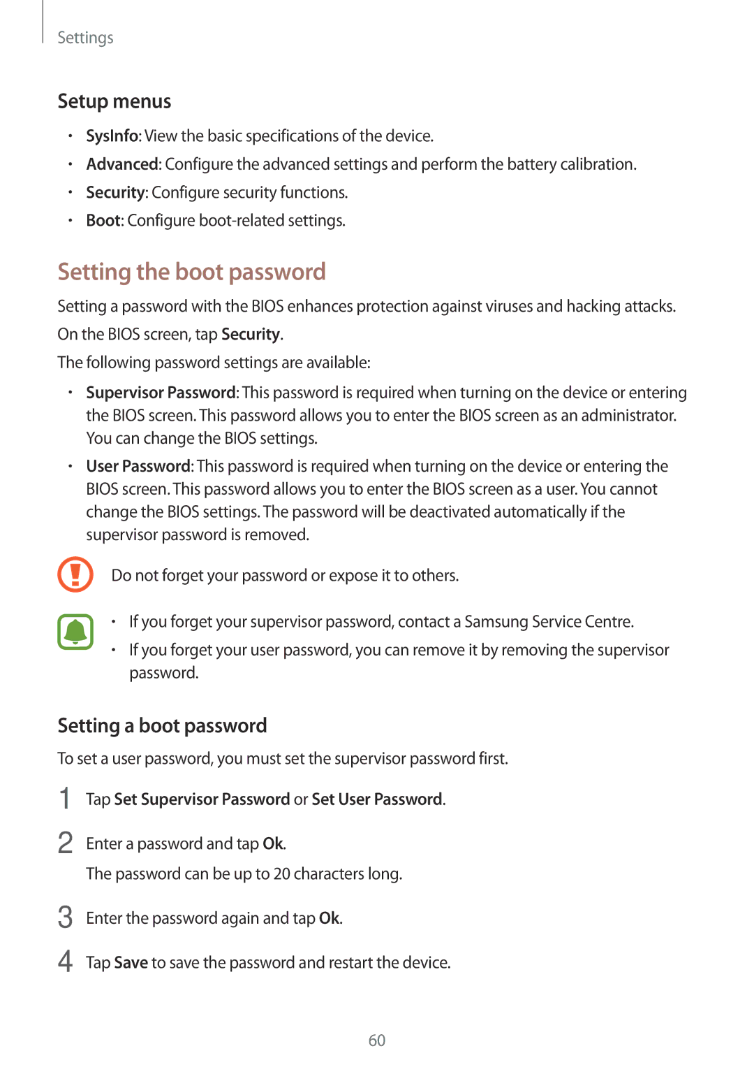 Samsung SM-W627NZKAKSA, SM-W627NZKBDBT, SM-W620NZKBDBT manual Setting the boot password, Setup menus, Setting a boot password 