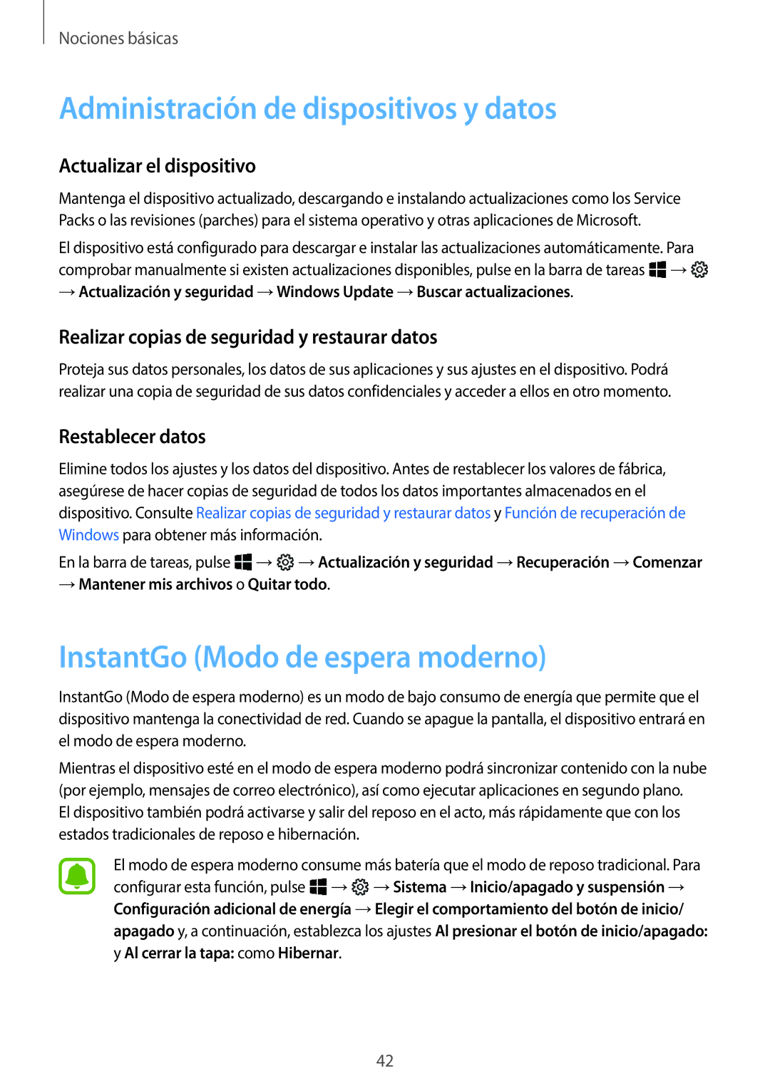 Samsung SM-W627NZKBPHE Administración de dispositivos y datos, InstantGo Modo de espera moderno, Actualizar el dispositivo 