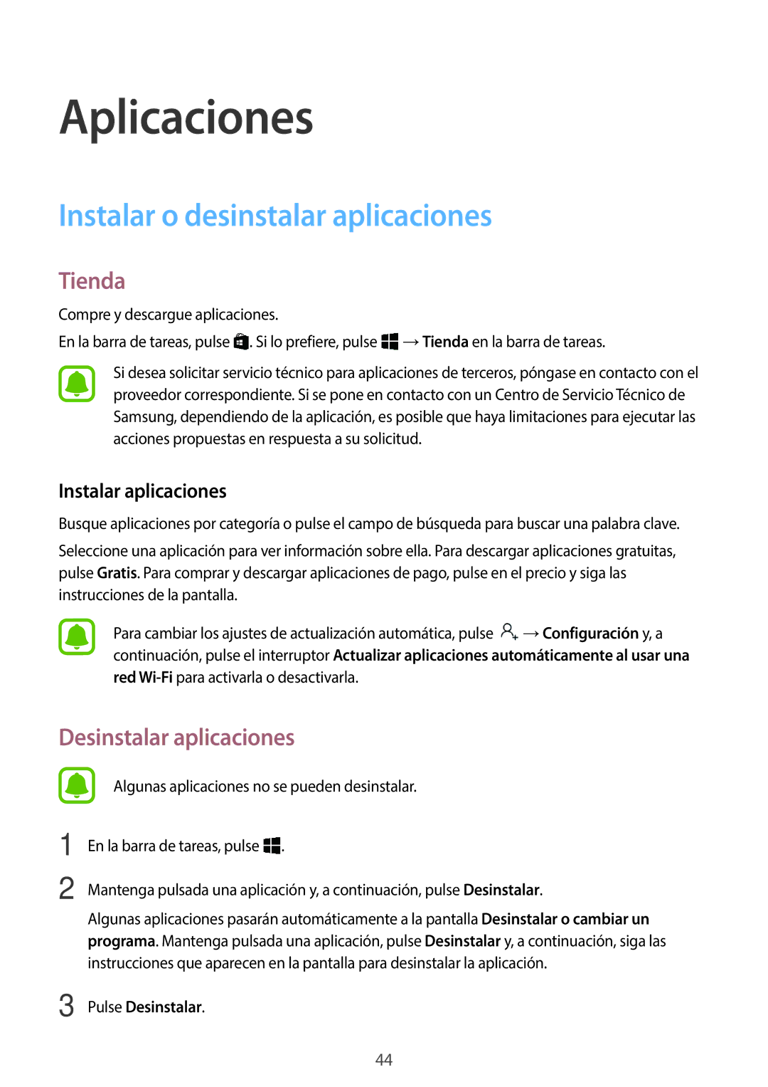 Samsung SM-W627NZKBPHE manual Instalar o desinstalar aplicaciones, Tienda, Desinstalar aplicaciones, Instalar aplicaciones 