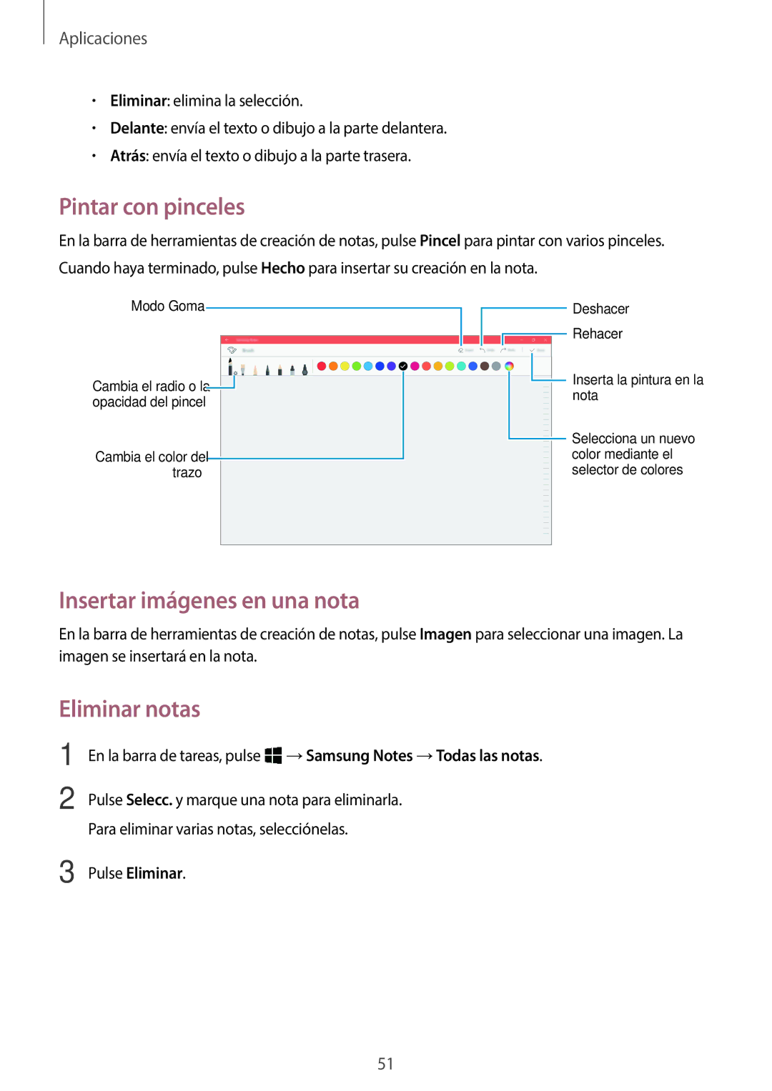 Samsung SM-W627NZKBPHE manual Pintar con pinceles, Insertar imágenes en una nota, Eliminar notas, Pulse Eliminar 