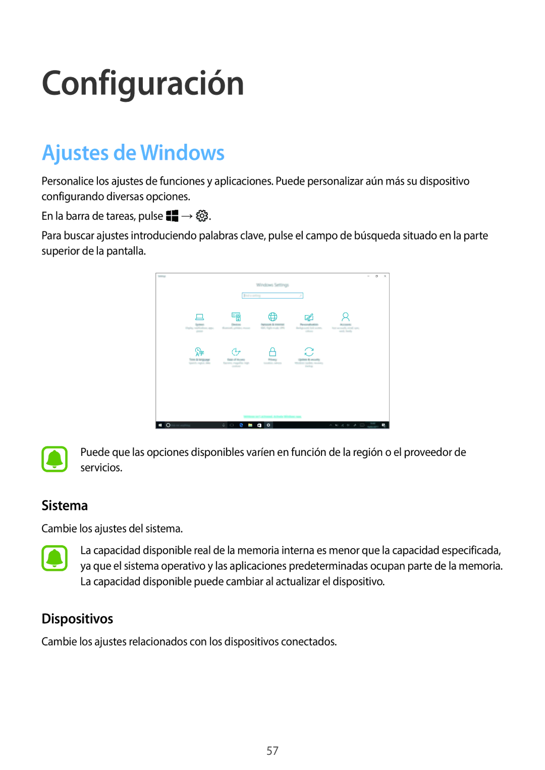 Samsung SM-W627NZKBPHE manual Ajustes de Windows, Sistema, Dispositivos 