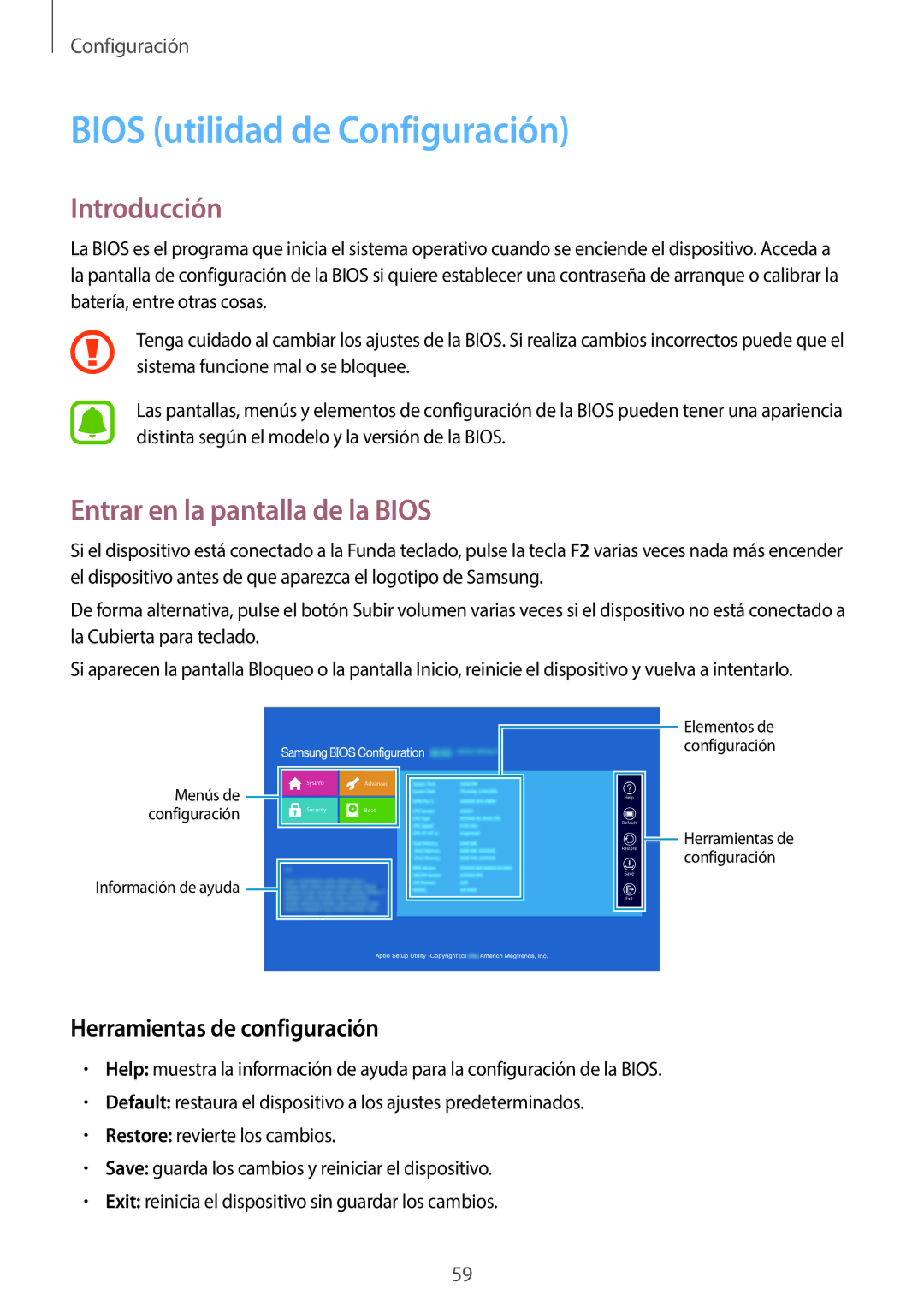 Samsung SM-W627NZKBPHE Bios utilidad de Configuración, Entrar en la pantalla de la Bios, Herramientas de configuración 