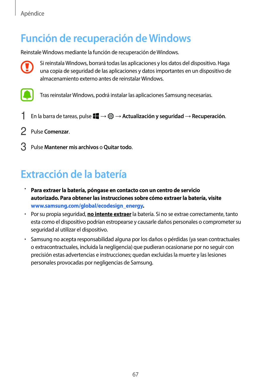 Samsung SM-W627NZKBPHE manual Función de recuperación de Windows, Extracción de la batería 