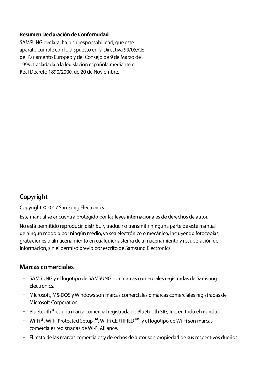 Samsung SM-W627NZKBPHE manual Copyright, Marcas comerciales, Resumen Declaración de Conformidad 