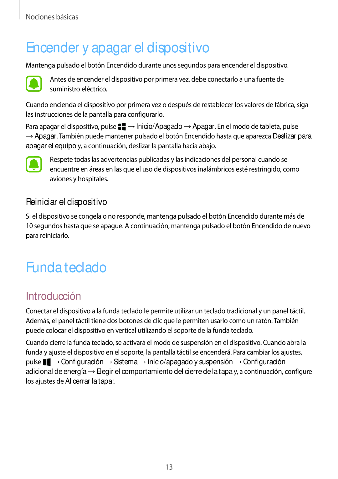 Samsung SM-W703NZKAPHE manual Encender y apagar el dispositivo, Funda teclado, Introducción, Reiniciar el dispositivo 