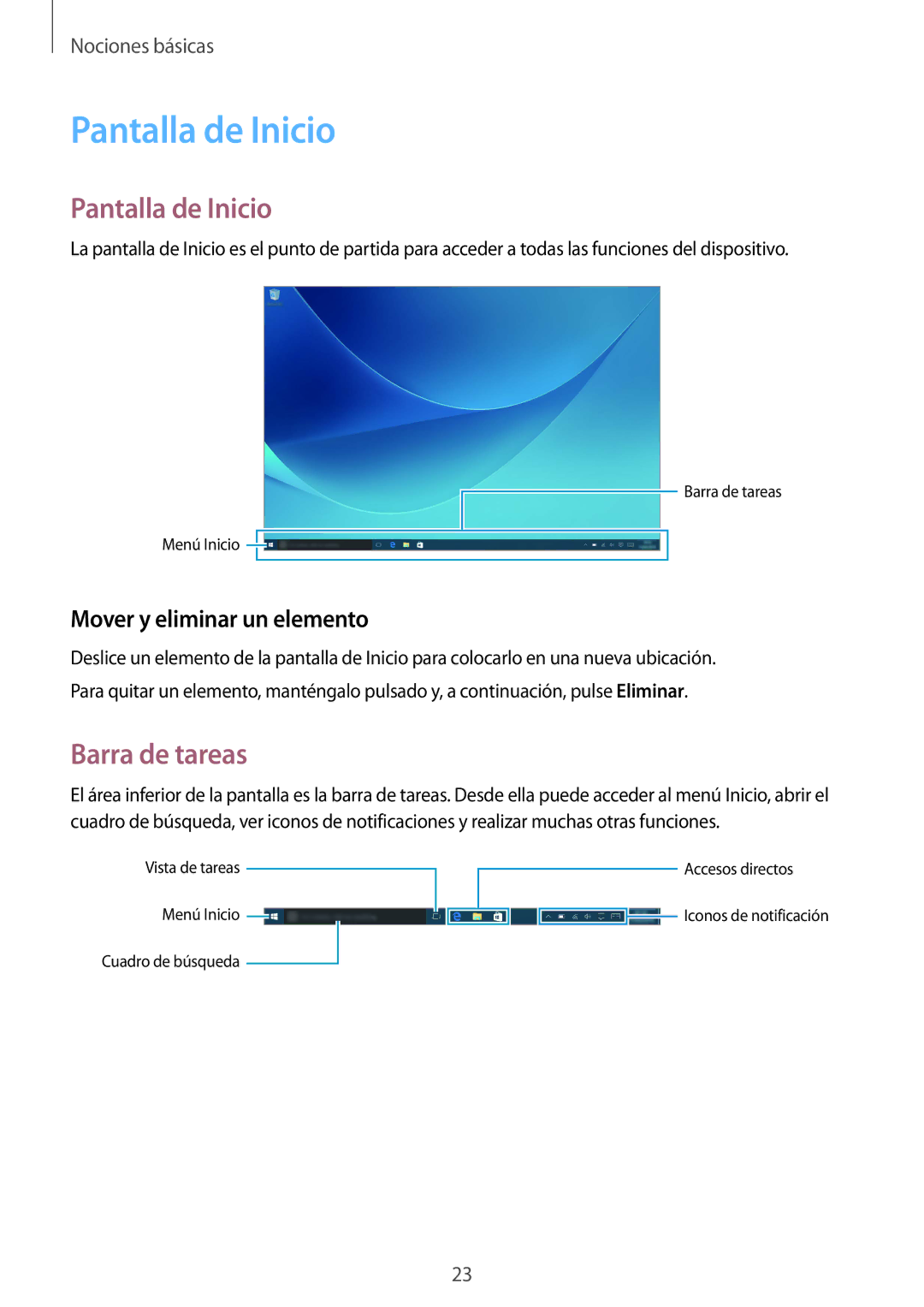 Samsung SM-W708NZKAPHE, SM-W700NZKAPHE, SM-W703NZKAPHE Pantalla de Inicio, Barra de tareas, Mover y eliminar un elemento 