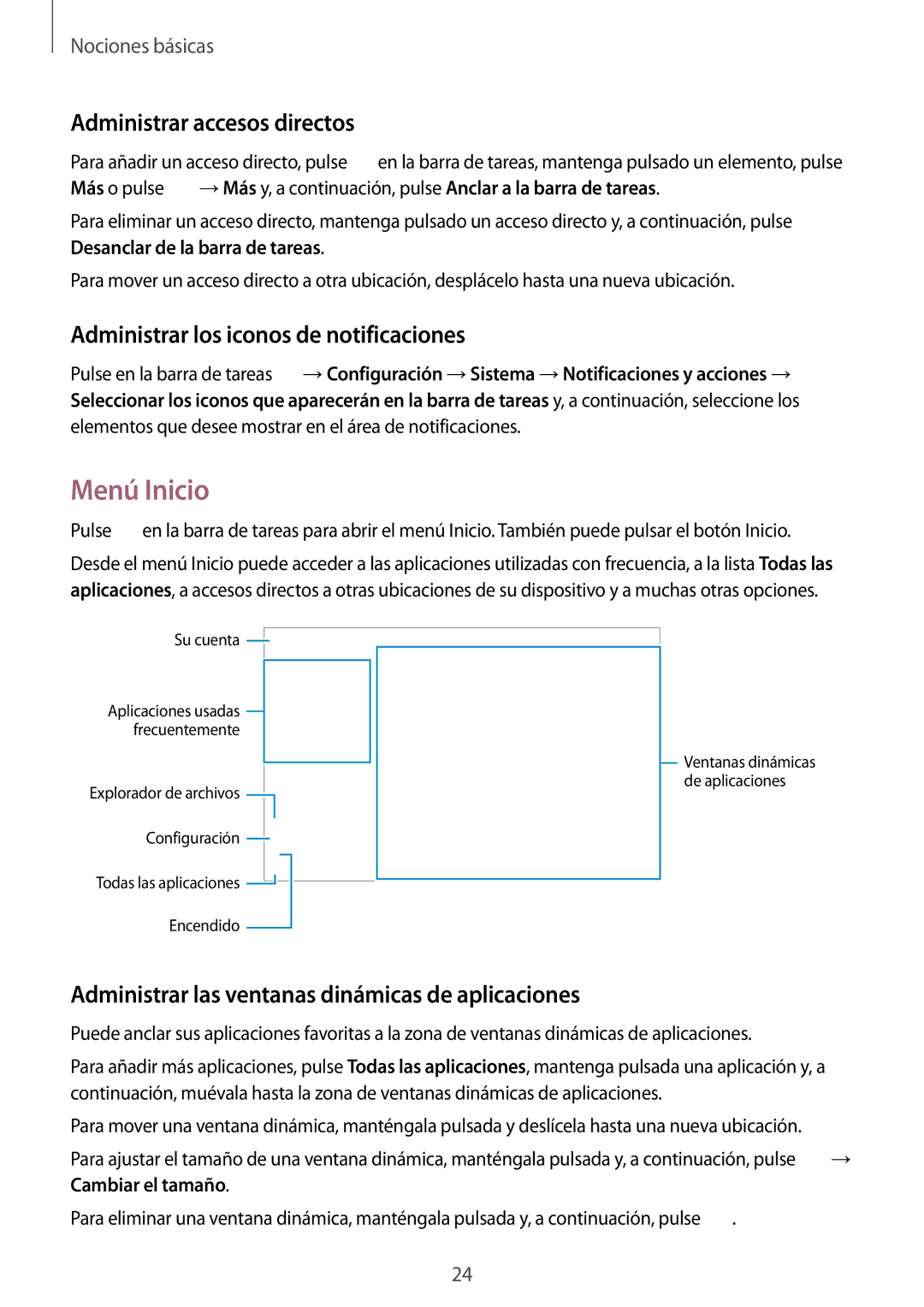 Samsung SM-W700NZKAPHE, SM-W703NZKAPHE Menú Inicio, Administrar accesos directos, Administrar los iconos de notificaciones 