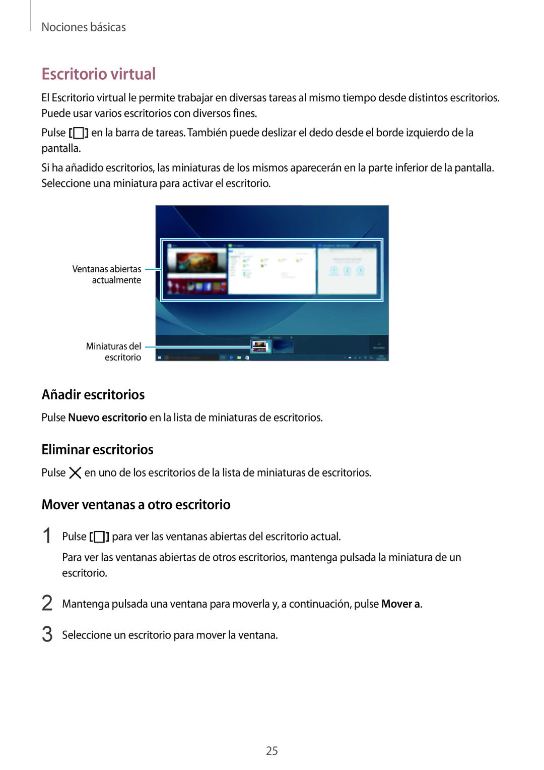 Samsung SM-W703NZKAPHE Escritorio virtual, Añadir escritorios, Eliminar escritorios, Mover ventanas a otro escritorio 