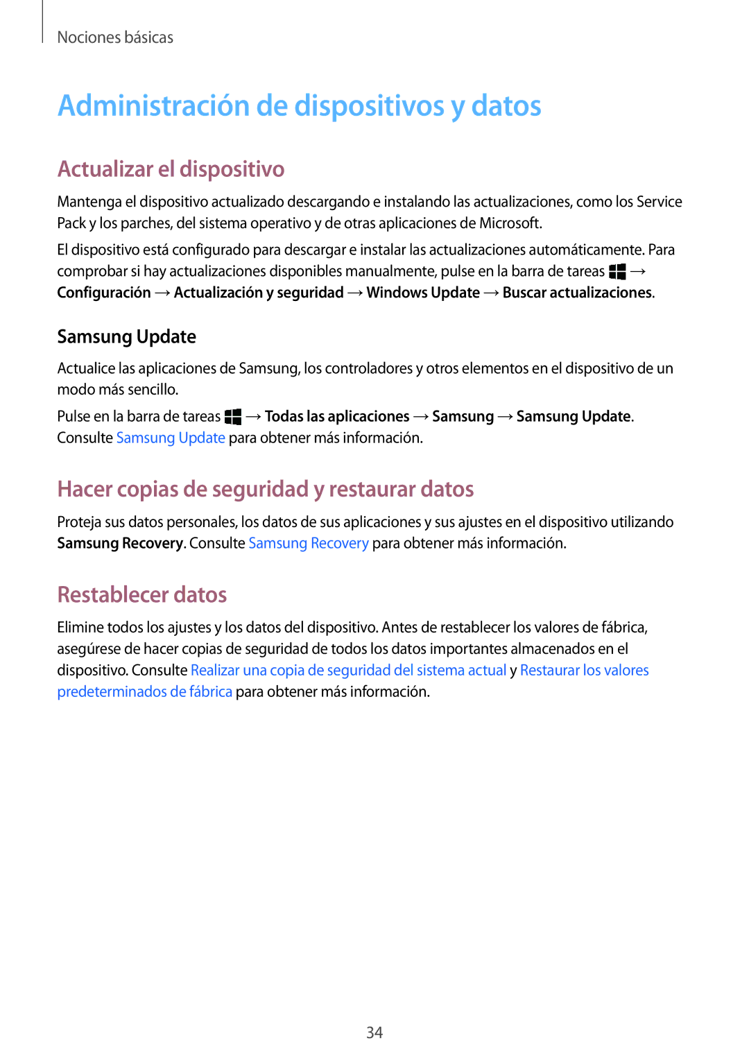 Samsung SM-W703NZKAPHE manual Administración de dispositivos y datos, Actualizar el dispositivo, Restablecer datos 